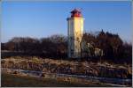 Das 17 m hohe Orientierungs- und Warnfeuer Westermarkelsdorf auf Fehmarn ist seit 1881 in Betrieb. Scan eines Dias vom 23.02.2003