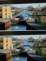 Schleuse Charlottenburg. Der Neubau einer Schleuse war notwendig geworden, um den Anforderungen eines leistungsfhigen Schiffsverkehr zwischen Elbe und Oder zu ermglichen. Die neue Schleusenkammer liegt in direkter Verlngerung des Westhafenkanal, im Bildhintergrund unter den blauen Bgen der Mrschbrcke, als Durchstich durch einen Spreebogen. Die Kammer ist 115m lang und 12,5m breit. Die Schleuse wurde am 18.12.2003 fr den Schiffsverkehr freigegeben. Foto: 23.1.2007 