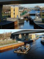 Die Schleusung ist beendet und die Stemmtore am Unterlauf ffnen sich. Das kleine Schubschiff mit dem Arbeitsponton setzt seine Fahrt auf der Spree fort. Foto: 23.1.2007 