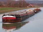 Schubverband Amara - 06001814 - L 85m - B 9.50m - Tg 2.75m - T 1429 - PS 2 x 750-MAN - Bj 1957 bei RSW in Duisburg. /& Asana - 06003243 - L 85m - B 9.50m - Tg 2.57m - T 1379 - PS 2 x 320-Kelvin - Bj 1927 bei ESW Erlenbach.// Gemeldet in Wijnegem/B. Hier zu Tal im DEK bei Birgte am 22.03.2011.