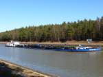 Scheint vollgebunkert zu sein, so tief wie es im Wasser liegt, das Tankmotorschiff NAUTIC, Boizenburg (05300160) Lnge 80,0m , Breite 8,25 m , T 1230 ton auf dem Elbe-Seitenkanal am Kanal-km 94 in