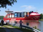 Containerschiff FREDERIK, Flagge: Malta, Valletta, (IMO 9328637), L 155m, B  24m, gebaut 2005 bei DETLEF HEGEMANN ROLANDWERFT, BERNE, auf dem NOK bei Fischerhtte in Richtung Kiel; 06.06.2010  