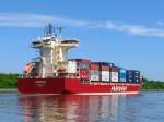Containerschiff FREDERIK, Flagge: Malta, Valletta, (IMO 9328637), L 155m, B  24m, gebaut 2005 bei DETLEF HEGEMANN ROLANDWERFT, BERNE, hat auf dem NOK in Richtung Kiel Fischerhütte passiert; 06.06.2010
