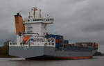 Thedis D, Containerschiff, Heimathafen Monrovia, IMO 9372274, am 04.10,17 bei Burg am NOK.