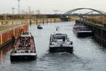 Blick von der Schleusenbrücke Rothensee auf den Rothenseer Verbindungskanal am 24.11.2016. TMS Rothensee (04812360) läuft nach der Talschleusung zum Hafen Magdeburg. TMS Dettmer Tank 50 (04017970 - links) und TMS Dettmer Tank 140 (04810300 - rechts) fuhren zur Bergschleusung ein. Bunkerboot Elbe (05801920 - im Hintergrund) mußte festmachen und warten.