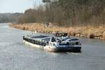 GMS  VORWÄRTS  (ENI 04005020 , 80 x 8,20m) befuhr am 02.03.2025 den  ELBE-HAVEL-KANAL  bei Kader Schleuse zu Tal Richtung Genthin. 