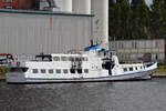 Fahrgastschiff JÜRGENSBY (IMO 6706864) am 07.09.2017 im Hafen von Flensburg. Deutlich sind die Brandschäden zu erkennen, die das Schiff am 04.07.2017 erlitt.