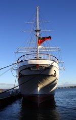 Heckansicht der Gorch Fock in Stralsund, Stadthafen, 28.11.2016