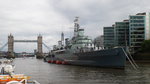 HMS BELFAST (C 35) am 14.6.2016 auf der Themse in London /   Museumsschiff / Leichter Kreuzer der Town-Klasse / Verdrängung: 10.550 t Standard / Lüa 187 m, B 19,3 m, Tg 6 m / 4 Kessel, 8