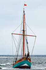 ELLEN (19 Meter Länge) am 25.08.2021 in der Ostsee vor Lübeck-Travemünde.
1938 als Kutter NILS HOLGERSSON für Fischereizwecke gebaut, von Beginn an motorisiert, gefischt wurde jedoch unter Segeln. 
1938 - 1973 in Großenbrode registriert, 1958 neue Maschine eingebaut, wechselte bis 1979 oft den Besitzer. 
1979 und 1993 Umbau, Erweiterung um 3 Passagierkabinen, Erneuerung und Vergrößerung der Segel.
