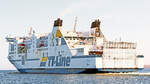 AKKA ex NILS HOLGERSSON (TT-Line, IMO 9217230) am 26.02.2022 beim Verlassen des Hafens von Lübeck-Travemünde