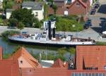 'Fährschiff Stralsund' im Museumshafen der Stadt Wolgast, vom Turm der St. -Petri-Kirche. Wolgast im August 2015.