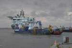 Olympic Taurus, ein Kabelverlegeschiff für Windkraft im Offshore- Bereich. IMO: 9628465 Heimathafen Fosnavaac. In Esbjerg am Hafen gesehen am 13.06.2014.