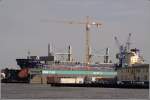 Die 190 m lange, 2006 gebaute LARCH ARROW (IMO 9336828) liegt im Dock V der MWB in Bremerhaven. Der gelbe Kran steht auf der Baustelle der Kaiserschleuse. 30.03.2010