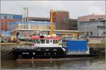 Das Aufsichts- und Arbeitsschiff BLEXEN liegt am 14.04.2012 am Tonnenhof-Kai des WSA Bremerhaven. Die BLEXEN wurde Ende 2011 in Dienst gestellt, ist 23,90 m lang, 6,60 m breit und hat eine Maschinenleistung von 361 kw.