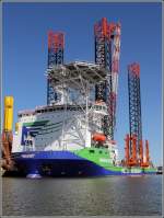 Dieses 2012 gebaute Errichterschiff fr Offshore-Windenergieanlagen soll auf den Namen INNOVATION (IMO 9603453) gebaut werden. Die der HGO InfraSea Solutions (Bremen) gehrende INNOVATION ist 148 m lang, 42 m breit, hat eine GT von 21.900 und eine DWT von 11.166 t. Die 90 m langen Hubbeine ermglichen es, das Schiff auch noch in einer Wassertiefe von 65 m aus dem Wasser zu heben. Heimathafen ist Bremen. Hier liegt sie am 12.08.2012 im Kaiserhafen II von Bremerhaven.