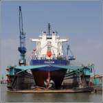 Die 1996 gebaute EVOLUTION (IMO 9136228) ist in Dock V der German Dry Docks in Bremerhaven eingedockt. Sie ist 146 m lang, 23 m breit, hat eine GT von 9.191, eine DWT von 13.248t und eine Kapazitt von 1.050 TEU. Heimathafen ist Harlingen (Niederlande). 