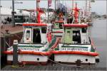 Die WILMA SIKORSKI (links) und die HENRICH WUPPESAHL liegen während der Feierlichkeiten anlässlich des 150. Geburtstages der DGzRS im Päckchen im Neuen Hafen von Bremerhaven. Sie gehören zur Klasse der 9,5-/10,1-Meter-Seenotrettungsboote der DGzRS. Auf diesem Foto ist die unterschiedliche Länge erkennbar. 31.05.2015