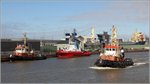 Die Schlepper (v.l.) STEINBOCK, RT PIONEER und MARS am 23.03.2026 im Kaiserhafen I in Bremerhaven.