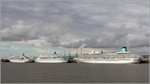 Die drei ständig für Phoenix Reisen fahrenden (v.l.) AMADEA, ALBATROS und ARTANIA liegen am 31.07.2016 gemeinsam an der Columbuskaje in Bremerhaven. Die noch weiter rechts liegende DEUTSCHLAND, die nur für die Sommermonate gechartert wurde, ist nicht mit im Bild.