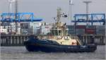 Die 2018 gebaute SVITZER VALE (IMO 9831921) vor der Stromkaje in Bremerhaven. Der Schlepper ist 25,3 m lang und 12 m breit, die beiden Maschinen leisten zusammen 4.200 kW. Heimathafen ist Skagen (Dänemark). Früherer Name: DELICAY II. 09.04.2019