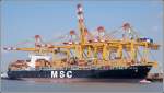 Die 2008 fertiggestellte MSC ASYA (IMO 9339296) liegt am 05.07.2008 an der Bremerhavener Stromkaje. Sie ist 336,68 m lang, 45,60 m breit, hat einen Tiefgang von 15,10 m und eine GT/BRZ von 107849. Sie fhrt unter der Flagge von Panama.