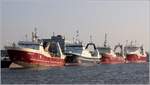 Am 14.01.2018 war ein Teil der Flotte der Deutschen Fischfang-Union (DFFU) im Fischereihafen von Cuxhaven versammelt. Von links: die LVL 2156 DORADO aus dem litauischen Liepaja, die 3 VI-5-1-14 NUEVO BARCA aus dem spanischen Vigo, die GDY-58 POLONUS aus dem polnischen Gdynia und die NC 105 BERLIN aus Cuxhaven.