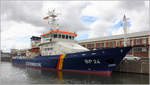 Die 2002 gebaute BP 24 BAD BRAMSTEDT (IMO 9252620) der Bundespolizei liegt am 08.07.2019 im Neuen Fischreihafen von Cuxhaven. Das Patrouillenboot ist 65,76 m lang und 10,74 m breit. Heimathafen ist Neustadt in Holstein.