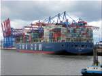 Hamburg am 11.7.09, CMA CGM MUSCA am Burchhardterminal. Brandneu, 2009 i S-Korea, 347 m lang, 105.000 tdw und 25 kn schnell.