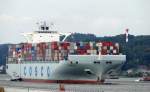  Hanjin Fuzhou  Hamburg 19.09.2010
overall length (m): 349,20 
overall beam (m): 45,60 
maximum draught (m): 15,00 
maximum TEU capacity: 10046 
container capacity at 14t (TEU): 7520 
reefer containers (TEU): 800 
deadweight (ton): 120.000 
gross tonnage (ton): 108.000 