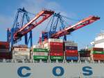 Hamburg am 8.11.2015: Containerbrücken am Tollerort Container Terminal beim Löschen und Beladen der COSCO FAITH