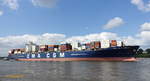 CMA CGM CORNEILLE (IMO 9409170) am 21.8.2019, Hamburg einlaufend, Elbe Höhe Bubendeyufer / 

Containerschiff / BRZ 73.779 / Lüa 299,2 m, B 40,26 m, Tg 14,5 m / 1 Diesel, 57.100 kW ( PS), 24 kn / 6.500 TEU, davon Reeferplätze / gebaut 2009 in Busan, Südkorea / Eigner: Conti-Holding, München, Manager: NSB Niederelbe, Buxtehude / Flagge: Liberia, Heimathafen: Monrovia /