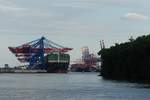 Hamburg am 14.8.2019: Blick in den Waltershofer Hafen, hier werden Großcontainerschiffe abgefertigt /