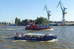 TOKYO (ENI 05108800) (H18622) am 15.9.2023, Hamburg, Elbe Höhe Blohm+Voss  /   ex HILDEGARD, (H18622)  /  Barkasse / Lüa 18 m, B 4,8 m /  gebaut 1950, Bonne-Werft, HH-Wilhelmsburg /  24.