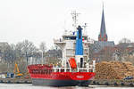 MERITA (IMO 8422034) am 23.03.2021 im Hafen von Lübeck. Das Schiff macht am Roddenkoppelkai fest, um Stammholz für Finnland zu laden.