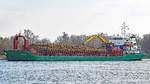 Frachtschiff ST.PAULI (IMO 8214358) am 26.03.2021 im Hafen von Lübeck-Travemünde. Es kommt vom Konstinkai Lübeck und fährt hinaus auf die Ostsee.