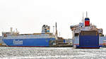 STENA FLAVIA (IMO 9417919) am 26.03.2021 den Skandinavienkai in Lübeck-Travemünde ansteuernd. Links im Bild: die FINNSKY, welche kurz zuvor festgemacht hat.