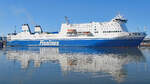 FINNFELLOW (Finnlines, IMO 9145164) am 26.02.2022 beim Verlassen des Skandinavienkais Lübeck-Travemünde