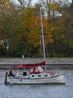 Im Bild das Segelboot SILBERMÖVE, welches Anfang November 2025 die Trave befuhr.