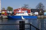 Die Steinbutt, ein Schiff der Fischereiaufsicht liegt im Alten Strom in Warnemünde während eine Möwe auf Beute lauert.