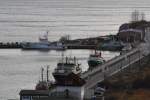 Ein Blick ber den Stadthafen Sassnitz / MV. Hinten DGzRS Kreuzer Harro Koebke, Zollboot Rgen, Polizeiboot Granitz, vorn DUO aus Panama, MS Koningin Juliana aus Nassau und die Aquarius. Aufnahme vom 15.03.2014