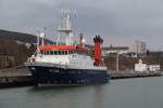 Forschungsschiff  Alkor  IMO 8905880 , Heimathafen Kiel am 28.03.2015 im Stadthafen Sassnitz. 