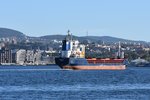 OSLO (Provinz Oslo), 08.09.2016, Cargoschiff Brufjell bei der Einfahrt -- Baujahr: 1995 / Flagge: St.Vincent & Grenadines / IMO/MMSI: 9115925/375746000