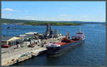 Der Frachter Fensfjord liegt am 28.05.2023 in Oslo am Filipstadkai.