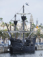 Zum Seefahrtmuseum Barcelona gehört ein Nachbau der Santa Maria, dem Schiff von Christoph Kolumbus. (Februar 2012)