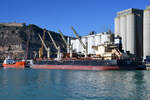 Das im Jahr 2010 gebaute Massengutfrachtschiff IBIS BULKER (IMO: 9441324) hat im Hafen von Barcelona angelegt. (November 2022)