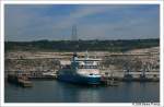 Das Fhrschiff M/F Maersk Dunkerque IMO 9293076 an der Fhrbrcke 3 im Hafen von Dover (Eastern Docks). 