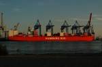 Das Containerschiff  Santa Catarina  wird auch noch am spten Abend, vom Elbstrand aus beobachtet, am Burchardkai in Hamburg beladen.