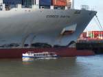 Hamburg am 8.11.2015: Größenvergleich zwischen Barkasse URSULA GLITSCHER (Länge 17,4 m) und dem Containerschiff COSCO FAITH (Länge 366 m)