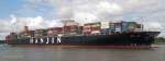 HANJIN EUROPE (IMO 9502908) am 8.9.2015 Hamburg einlaufend, Elbe Höhe Finkenwerder / 
Containerschiff / BRZ 141.754 / Lüa 352,93 m, B 48,2 m, Tg 16,23 m / 1 Diesel, Hyundai MAN B&W 12K98ME, 69.535 kW (93.350 PS), 24 kn / 13.102 TEU / gebaut 2012 bei Hyundai Heavy Industries Co. Ltd., Ulsan, Südkorea /Flagge: Isle of Man (UK), Heimathafen: Dougles /
